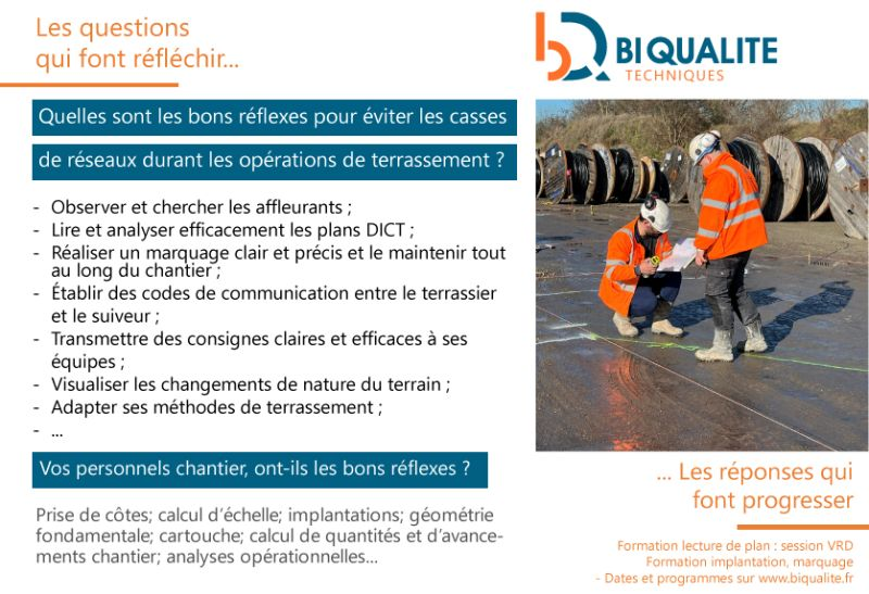 Visuel BIQUALITE Techniques présentant les bons réflexes pour éviter les casses de réseaux durant les opérations de terrassement, avec deux intervenants sur un chantier.