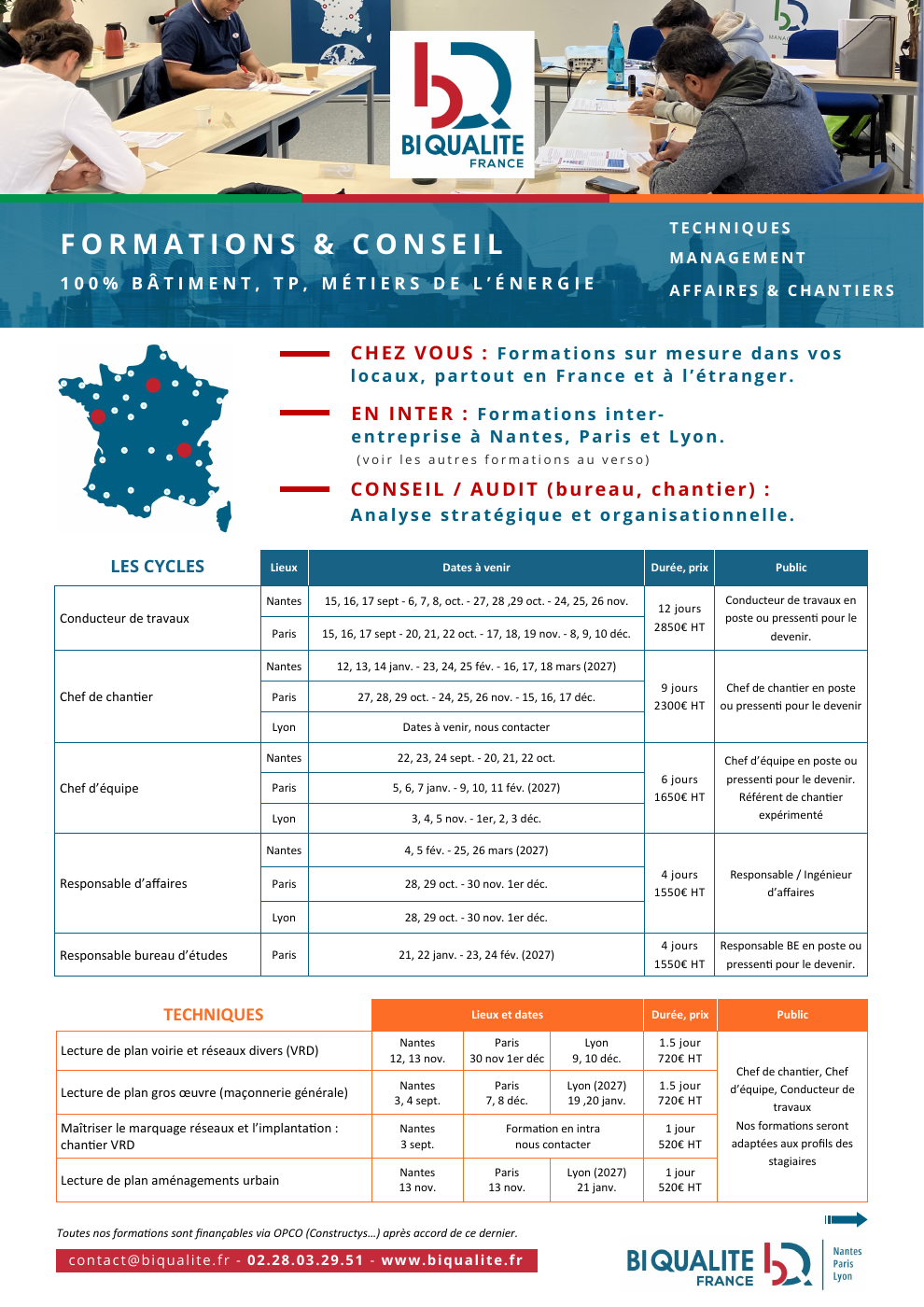 Première page du calendrier BIQUALITE des formations inter-entreprises du second semestre 2026 : cycles de formation et formations techniques à Nantes, Paris et Lyon.